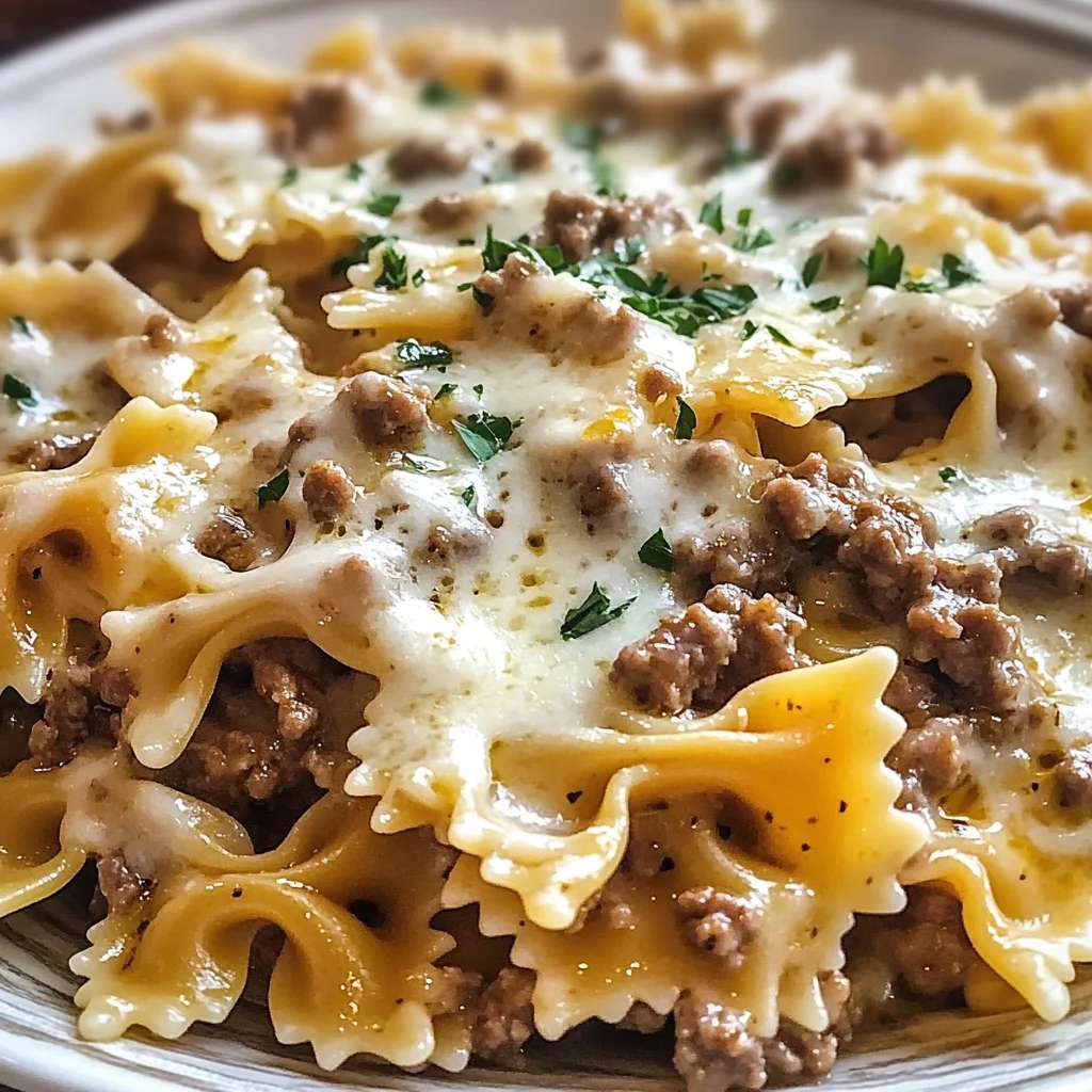 Cheesy Beef Bowtie Pasta In Rich Alfredo Sauce