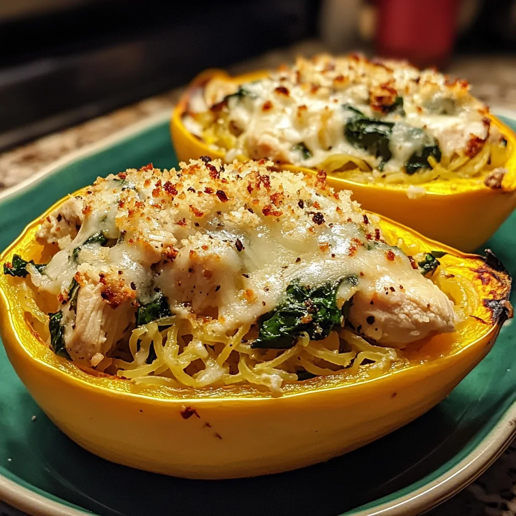 Garlic Parmesan Stuffed Spaghetti Squash with Chicken and Spinach
