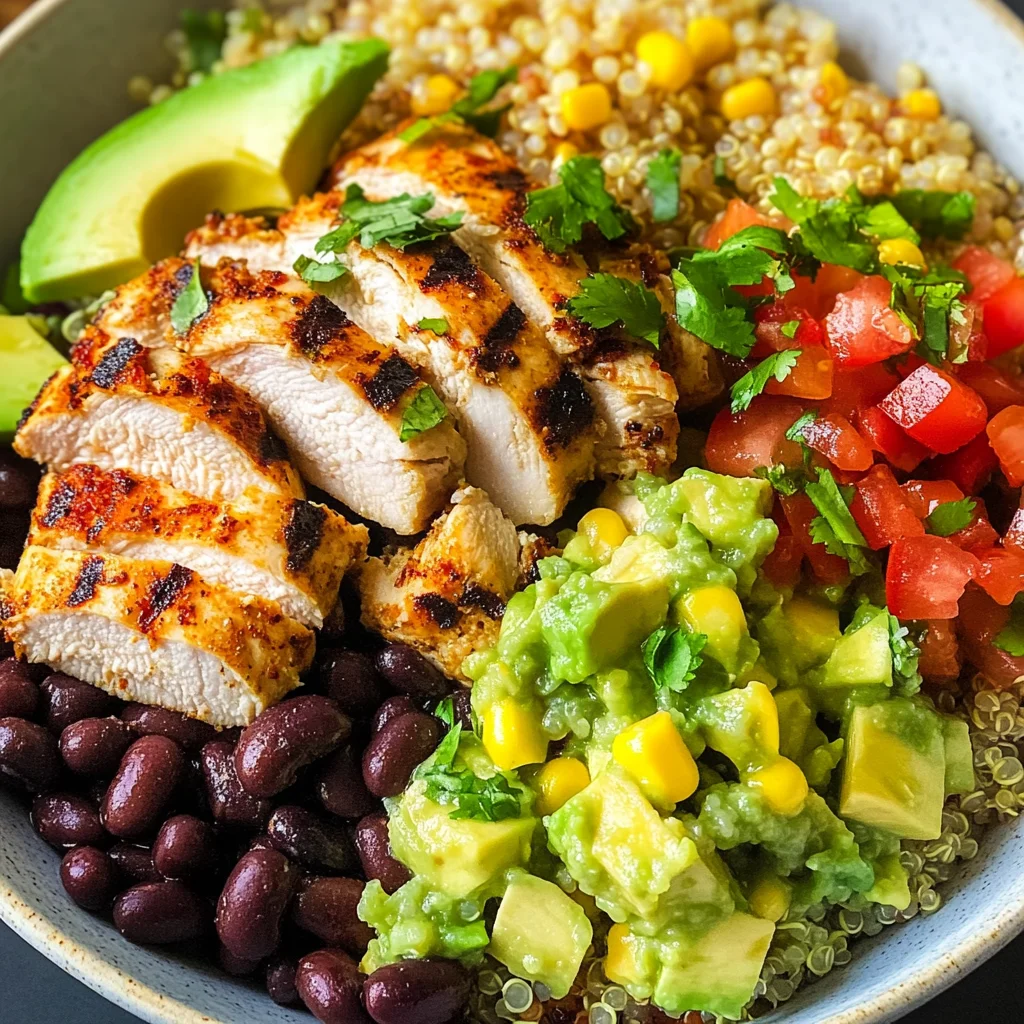 Grilled Chicken Burrito Bowls with Avocado Salsa
