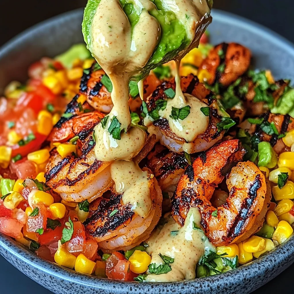 Grilled Shrimp Bowl with Avocado, Corn Salsa & Creamy Sauce