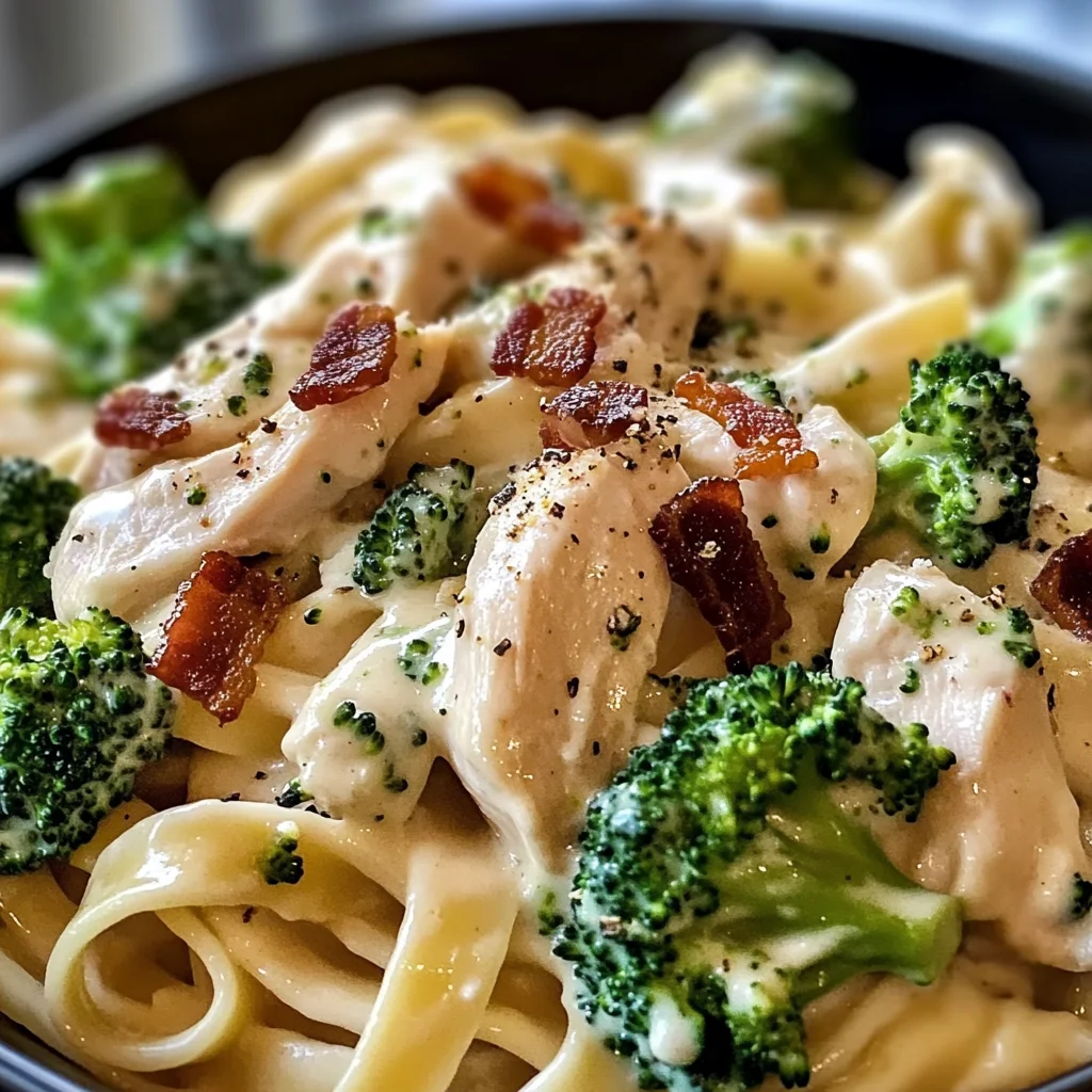 Chicken Bacon Alfredo Fettuccine with Broccoli