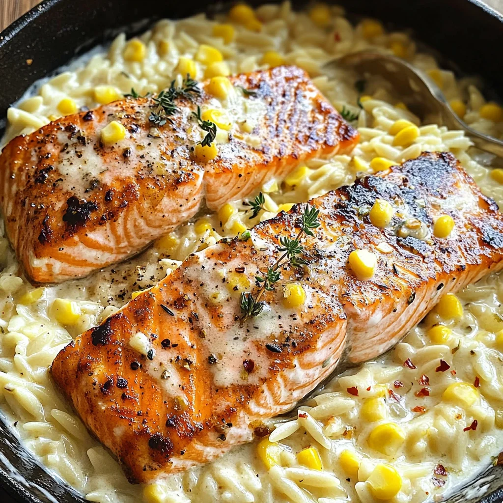 Creamed Corn Orzo with Salmon