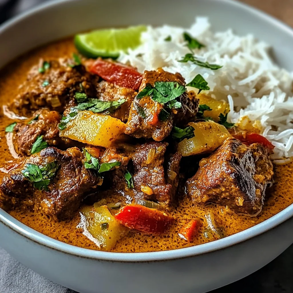 Creamy Coconut Curry Beef with Garlic Naan & Fries