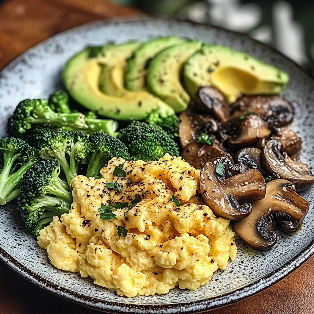 Creamy Scrambled Eggs with Avocado, Sautéed Mushrooms & Broccoli