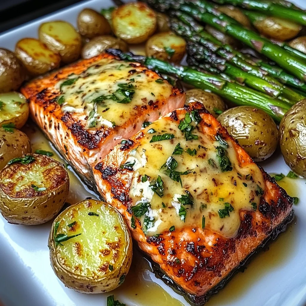 Grilled Salmon with Garlic Potatoes & Cheesy Asparagus