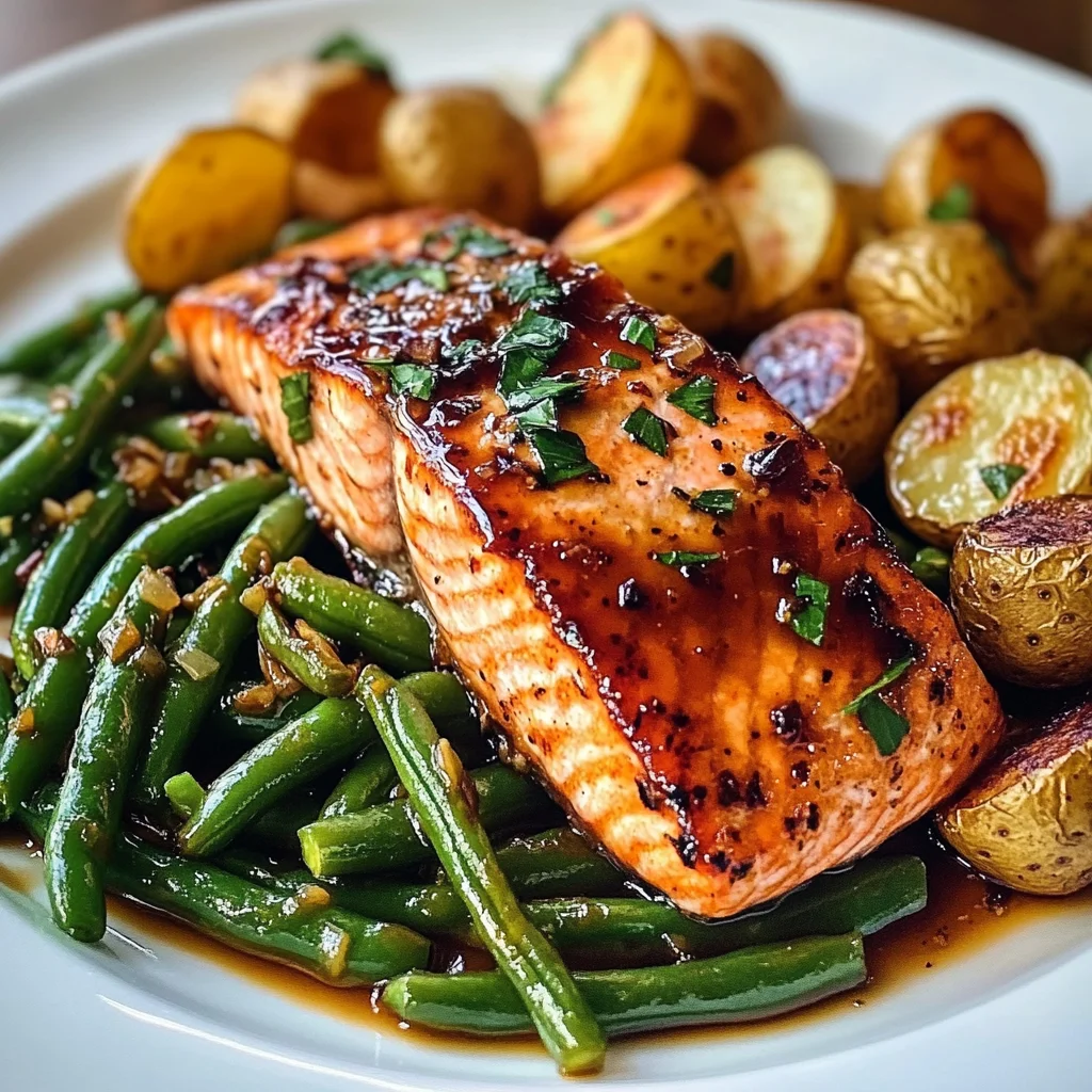 Honey-Glazed Salmon with Garlic Green Beans & Crispy Potatoes