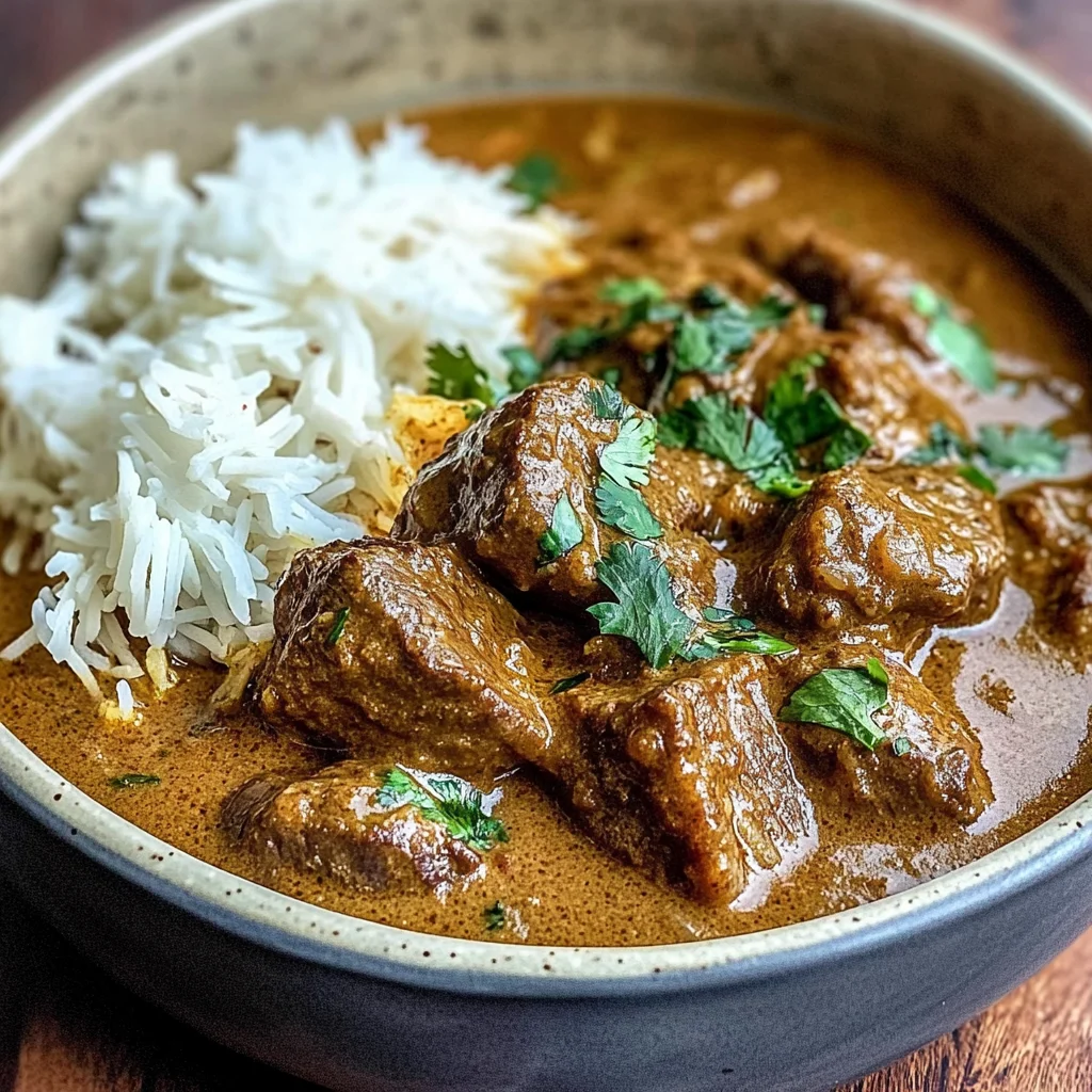 Slow-Cooked Beef Curry in Coconut Gravy with Toasted Garlic Naan