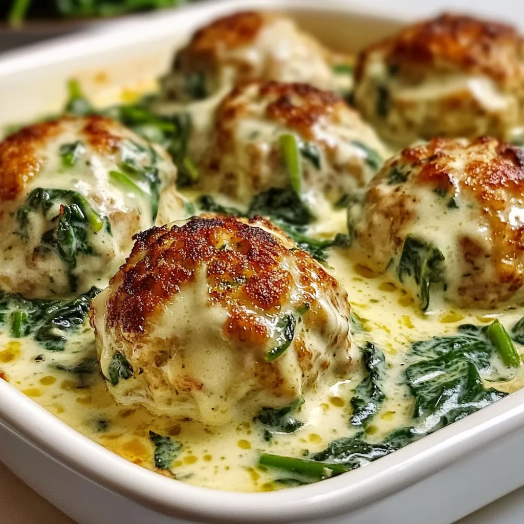 Baked Chicken Ricotta Meatballs with Spinach Alfredo Sauce