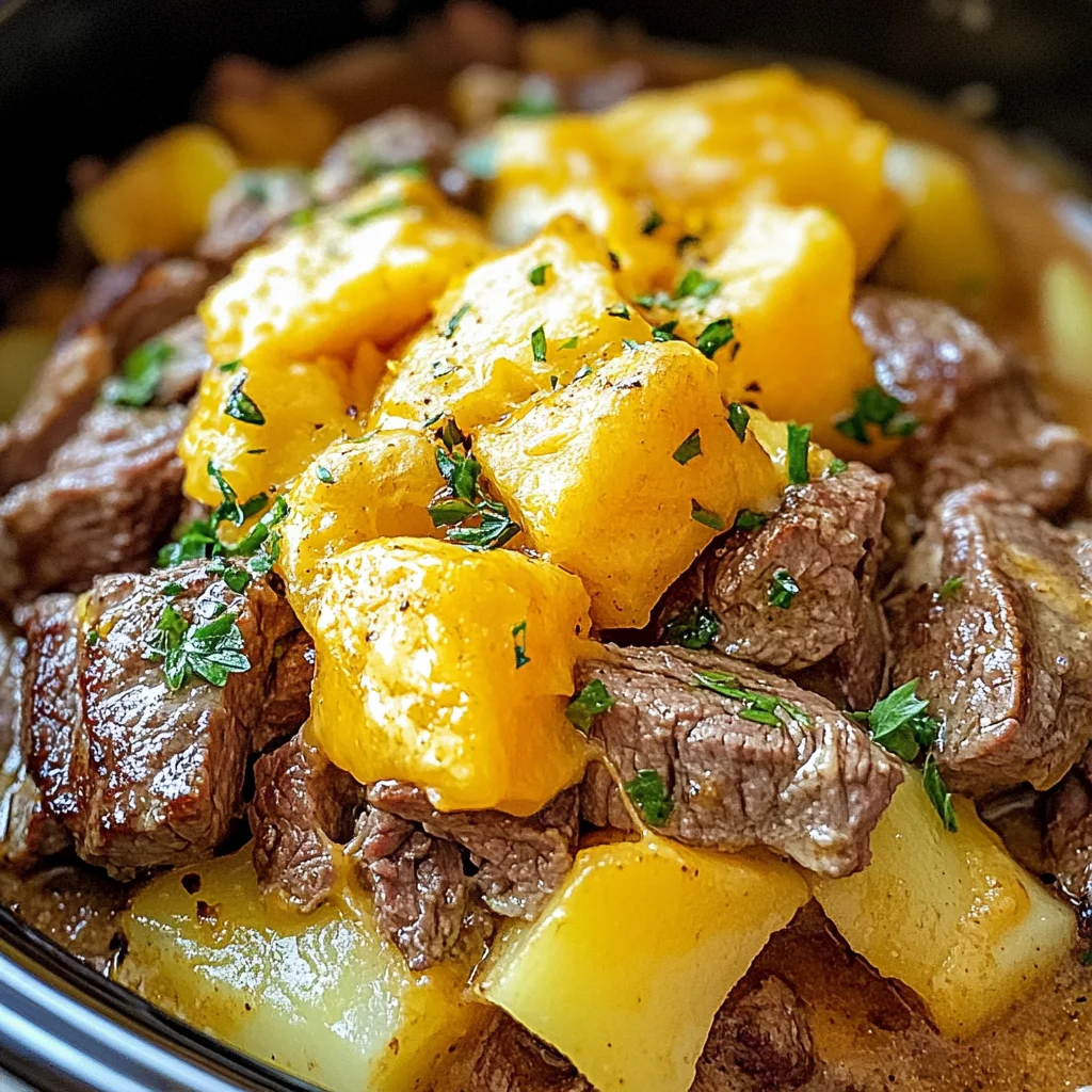 Slow Cooker Steak and Cheddar Potato Casserole
